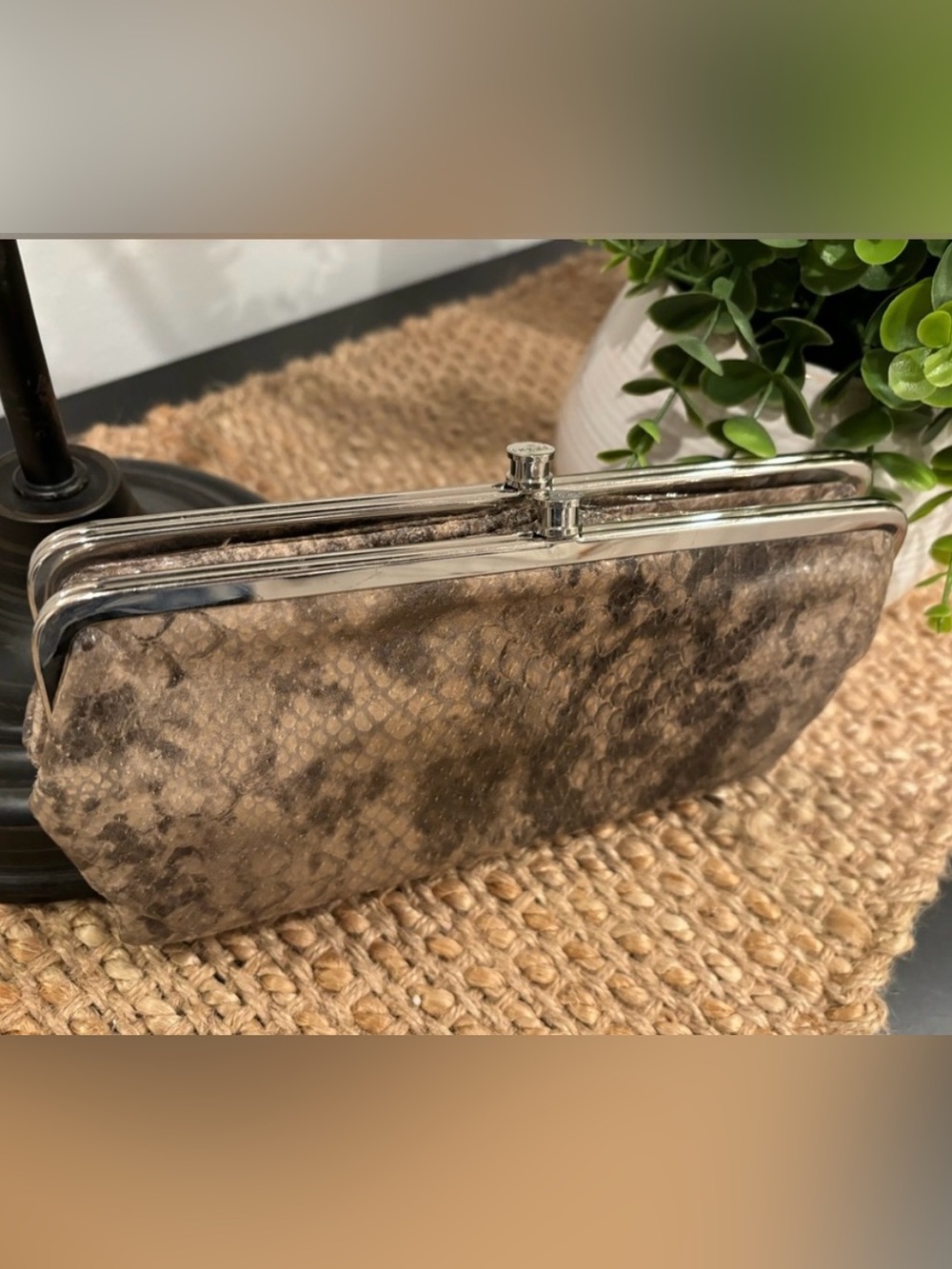 HOBO international Lauren Wallet Clutch Double Silver Frame Snake Print Tan Grey